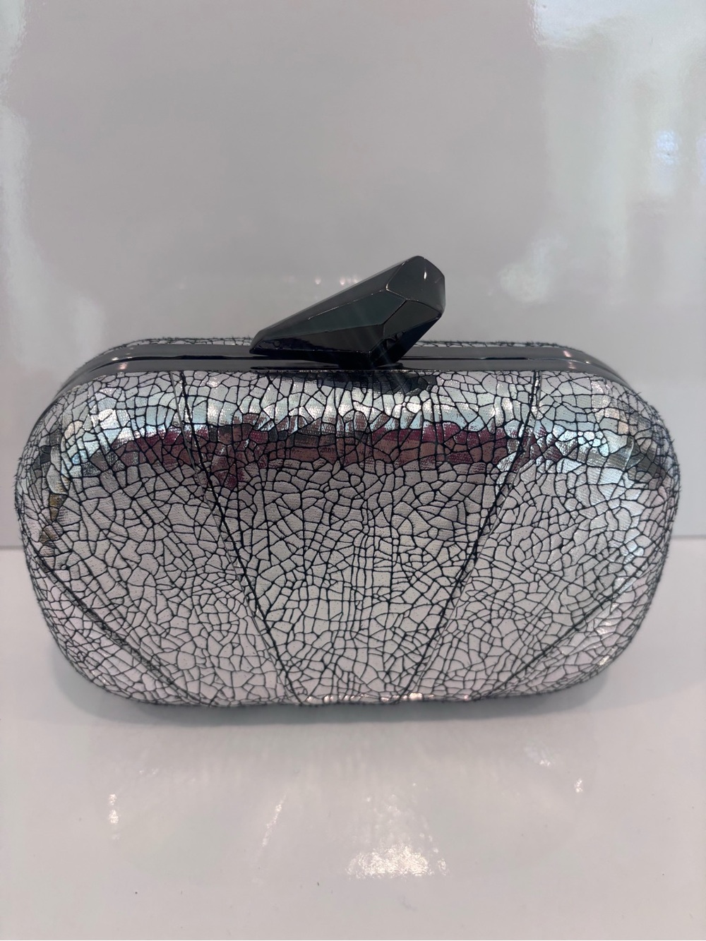 Silver Crackle Hard-Case Evening Clutch with Black Chain by limited edition - Picture 6 of 8